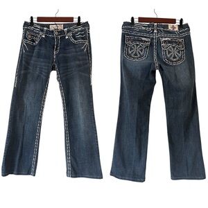 Laguna Beach Jean Co. Exposed Seam Fleur-de-lis Chopper Cross Embellished Denim